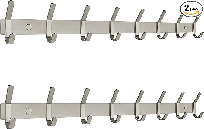 Coat Rack Wall Mount – Brushed Nickel 24 Inch Stainless Steel Hook Rail with 8 Heavy Duty Double Coat Hooks – Wall Mounted Coat Hanger for Entryway, Bathroom, Bedroom, Towel, Hat Organizer - 2 Pack