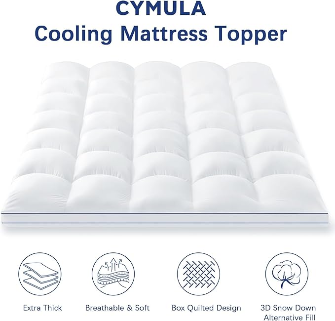 CYMULA Full XL Mattress Topper, Extra Thick Pillow Top Mattress Topper, Cooling Mattress Pad Cover with 8-21 Inch Elasticated Deep Pockets, Firm Plush Down Alternative Fill Mattress Protector