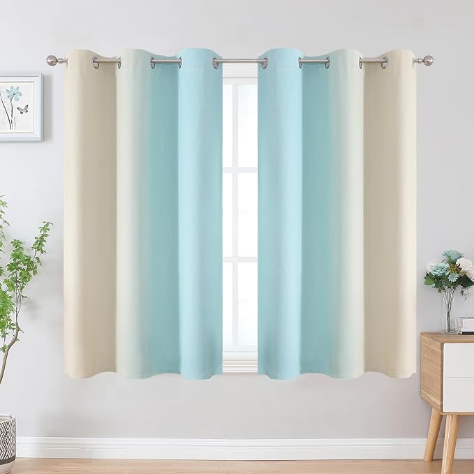 Aqua and Beige Ombre Blackout Curtains - Image 2