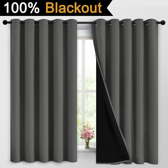 Yakamok Dark Grey 100% Blackout Curtains 63 Inches Long 62" Wide 2 Panels | - Image 2