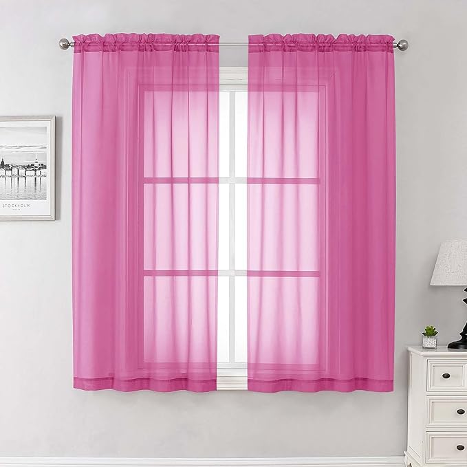 Hot Pink Sheer Curtains 63 Inch Length 2 Pcs, Solid Voile Long Light Filtering by Lecloud