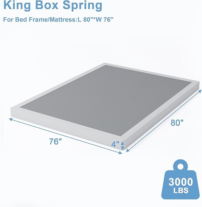 King Box Spring - 4 Inch High Profile Box Spring for King Bed, Sturdy Metal Frame Mattress Foundation, Easy Assembly, Quiet & Noise-Free
