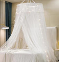 VETHIN Princess Bed Canopy for Girls Double Layer Sheer Mesh Dome Elegant Lace Mosquito Net Bed Curtain for Full Queen King Bed with led Stars String Lights(White/White)