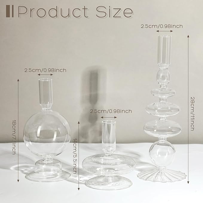 Rtteri 3 Pcs Glass Candlestick Holders Glass Candle Holders Groovy Wavy Elegant Taper Candle Stick for Wedding Home Birthday Party Christmas Halloween Decoration Windowsill Decor(Clear)