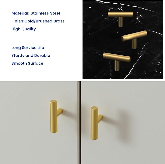 LONTAN 12 Pack Gold Drawer Knobs for Dresser Kitchen Cabinet Knobs Gold Hardware for Cabinets Brushed Brass T Bar Knobs for Dresser Bathroom，Stainless Steel