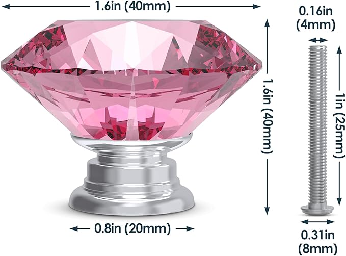 Tomorotec 12-Pack 40mm Crystal Pink Glass Cabinet Drawer Pulls, Diamond Drawer/Cupboard Knobs with Screws, Crystal Knobs w/Silver Base, Home Decor for Kitchen, Dresser, Wardrobe, Desk (1.6 in / 40mm)