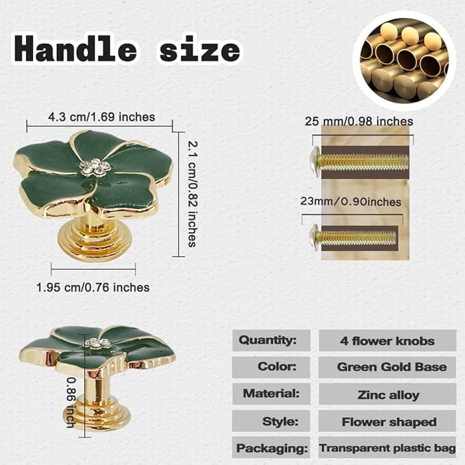 4 pcs Petal Knob Handle Unique Zinc Alloy Flower Shape Single Hole Knob Handle for Cabinets,Drawers, Wardrobes Furniture Decoration(Green (Gold Bottom))