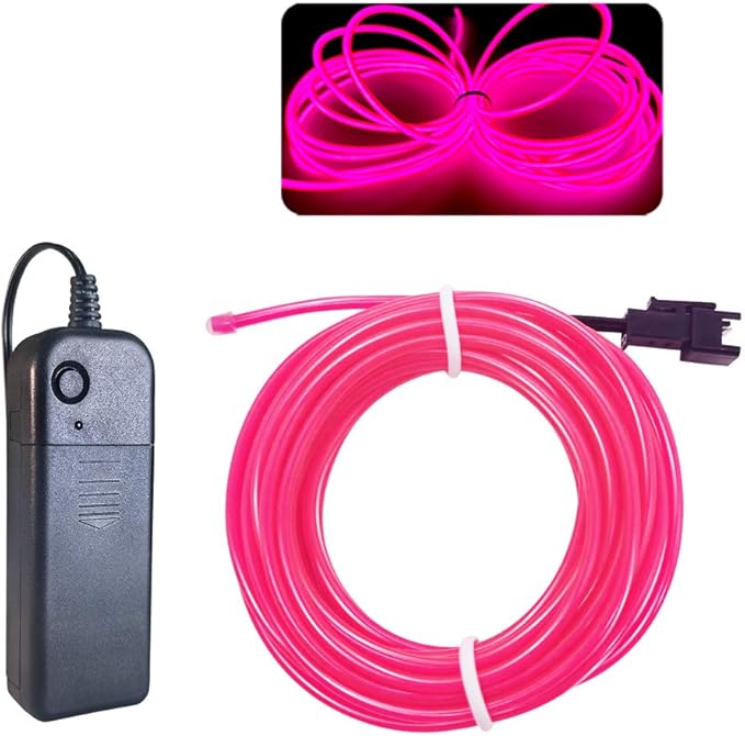 MaxLax EL Wire Pink, 16.4ft/5m Portable Battery Pack Neon Light Strip 360° Cuttable Glowing Rope Lights for Parties, Halloween, DIY Decoration