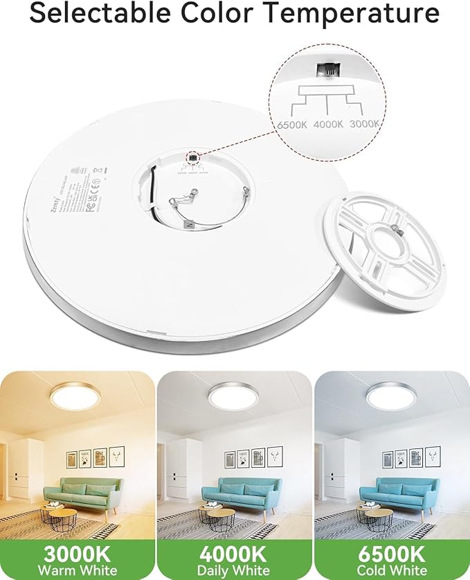 zemty LED Ceiling Light Brushed Nickel - 12In 28W 3200lm Silver Flush Mount Ceiling Light with 3 Color Temperature 3000K/4500K/6000K - Round Flat Light Fixture for Kitchen Bathroom Shower