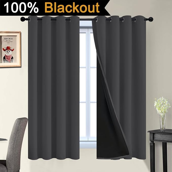 Yakamok Charcoal Grey 100% Blackout Curtains 63 Inches Long 52" Wide 2 PCS | - Image 2