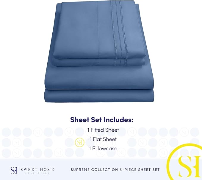 Twin XL Sheets - Breathable Luxury Sheets with Full Elastic & Secure Corner Straps Built In - 1800 Supreme Collection Extra Soft Deep Pocket Bedding Set, Sheet Set, Twin XL, Denim