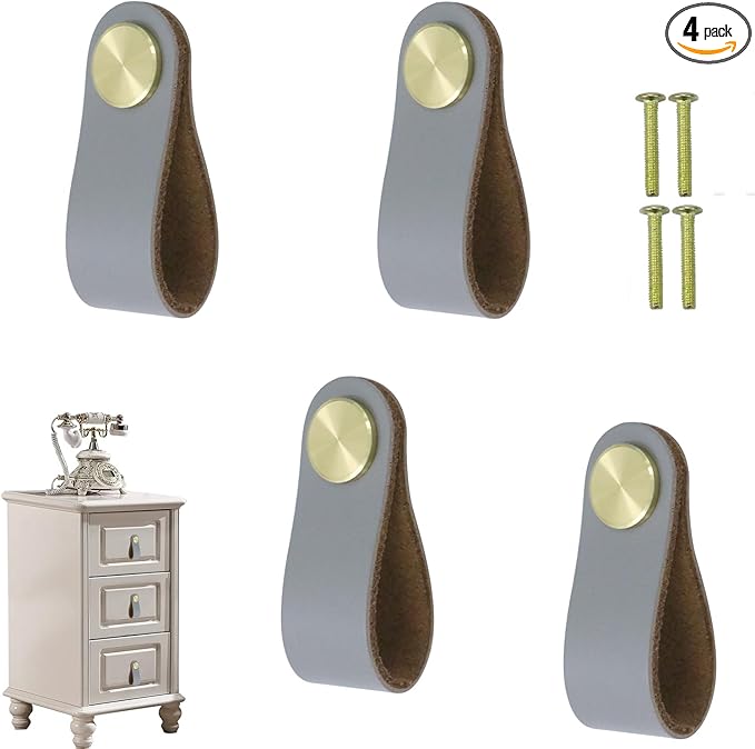 Leather Drawer Pulls and Knobs Soft Cabinet Handles Modern Cabinets Door Knob for Furniture Cupboards Wardrobe Dresser Decorative Handle with Screw 4 Pcs (Grey)