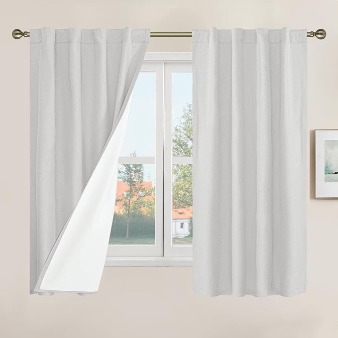Short Window Linen Curtains 48 Inch Length 2 Panels, Light Grey | 100% Blackout by LAMIT