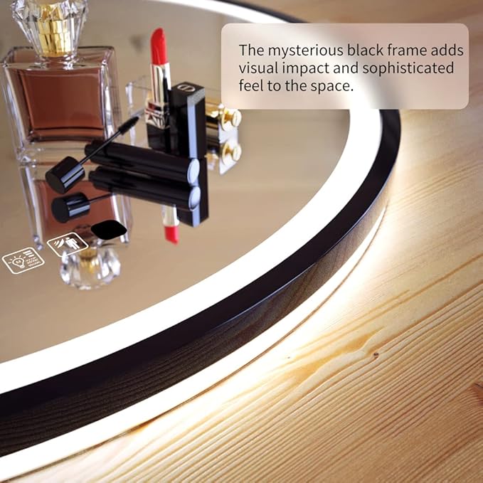 LED Sensor Mirror, Round Human Body Induction, Black Framed Vanity Mirror, Illuminated Dimmable Anti Fog IP44 Waterproof Wall Mounted Mirror (Human Sensor, 36"*36")