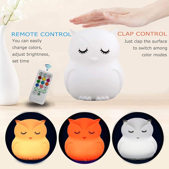 Large Owl Night Lights for Kids LED Nursery Lamp Children's Room Moon Bedside Lamp, Changeable Brightness & Color Child Table Night-Light, Lighting for Travel and Camping Child Gift - Large