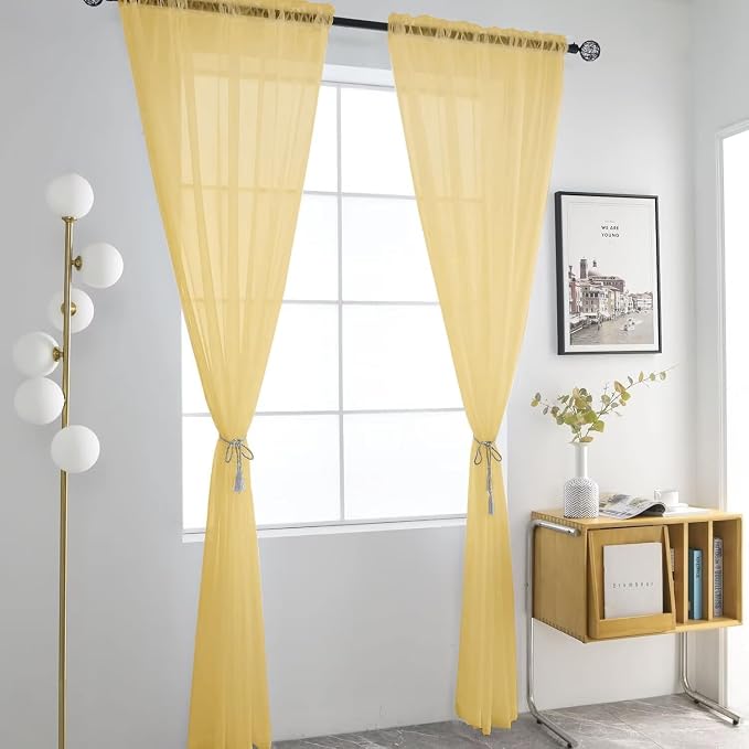 SpaceDresser Basic Rod Pocket Sheer Voile Window Curtain Panels Gold 1 Pair 2 - Image 2