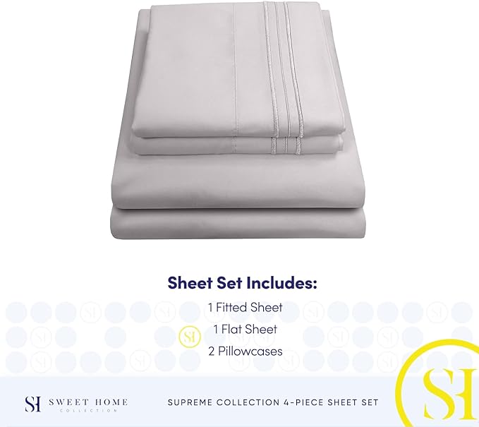 RV Queen Bed Sheets - Breathable Luxury Sheets with Full Elastic & Secure Corner Straps Built In - 1800 Supreme Collection Extra Soft Deep Pocket Bedding Set, Sheet Set, RV Short Queen, Silver