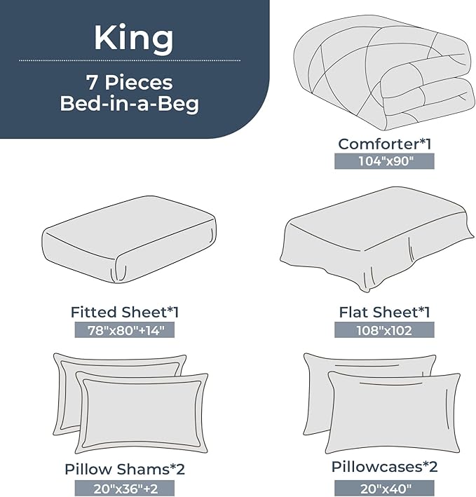 HEVUMYI King Comforter Set - 7-Piece All Season Bed in a Bag King, Ultra Soft Bedding Set with Comforter, Flat Sheet, Fitted Sheet, Pillowcases, Pillow Shams, Dark Grey & Light Grey