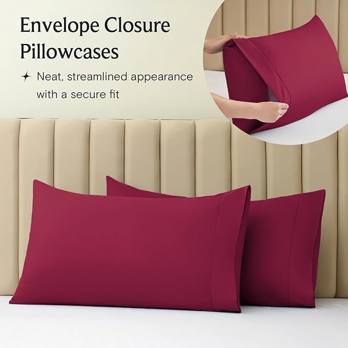 LuxClub 4 PC Queen Sheet Set, Breathable Luxury Bed Sheets, Deep Pockets Wrinkle Free Cooling Sheets Machine Washable Hotel Bedding Silky Soft - Burgundy Queen