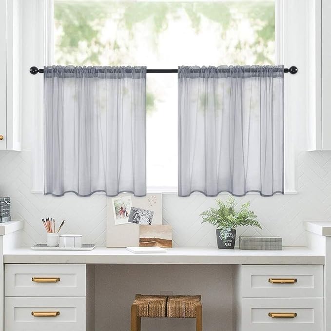 MIULEE 2 Panels Tiers Half Window Sheer Curtains 29 X 36 Inch Dark Grey | Rod - Image 6