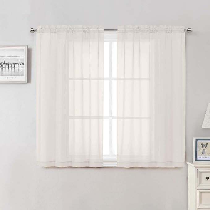 Ivory Sheer Curtains 50 Inch Length 2 Pcs, Rustic Farmhouse Curtains by Lecloud