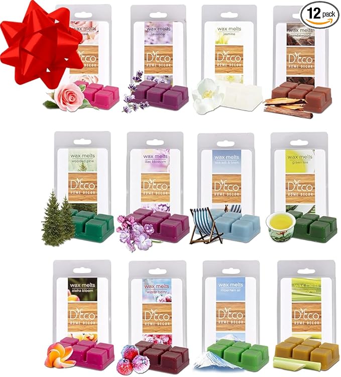 D'Eco Floral Scented Wax Melts - 12 Ct Variety Pack Home Fragrances- Long Lasting Scented Tarts for Warmers- Rose, Pine, Winter Berry, Lavender, Linen, & Nature Scents- Holiday Xmas Must Have Gift Set