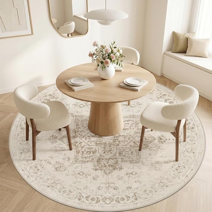 Round Area Rug Living Room: 6ft Washable Carpet Beige/Ivory | Vintage Boho - Image 2