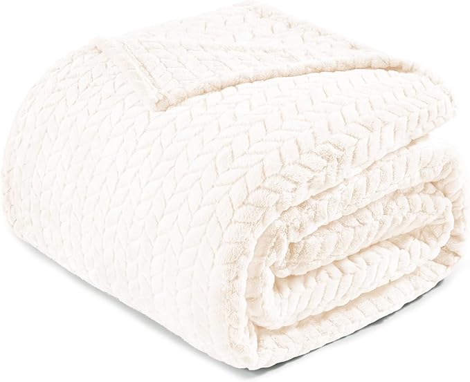 Exclusivo Mezcla Fleece Queen Size Blanket for Bed, 90x90 Inches Soft Cozy Jacquard Flannel Blankets, Lightweight Fuzzy Plush Warm for Winter, Off White