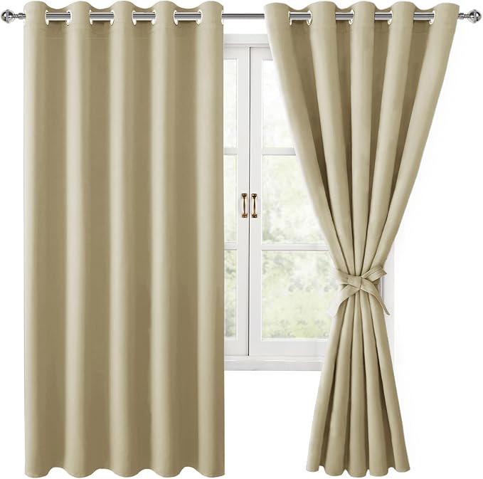 Blackout Curtains for Bedroom, Light Beige, 60 x 72 Inch, 2 Panels | Thermal by Hiasan