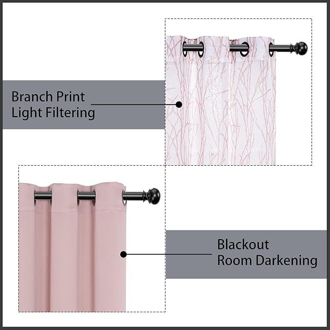 BONZER Mix and Match Curtains - 2 Pieces Branch Print Sheer Curtains and 2 Pieces Blackout Curtains for Bedroom Living Room Grommet Window Drapes, 37x95 Inch/Panel, Blush, Set of 4 Panels
