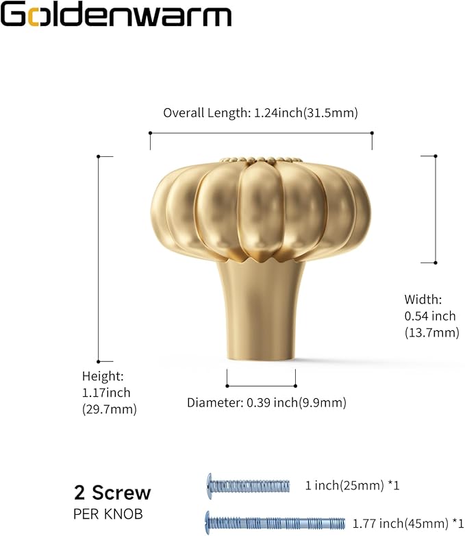 goldenwarm 2 Pack Gold Dresser Knobs for Drawer Knob for Cabinet Pulls Luxury Hardware Handle Brushed Brass Vintage Pull