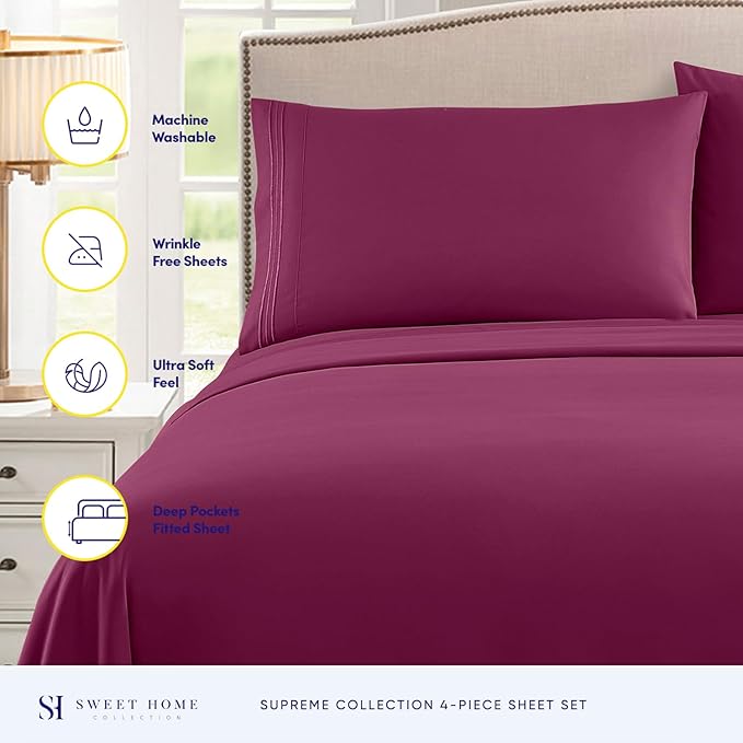 Twin XL Sheets - Breathable Luxury Sheets with Full Elastic & Secure Corner Straps Built In - 1800 Supreme Collection Extra Soft Deep Pocket Bedding Set, Sheet Set, Twin XL, Berry