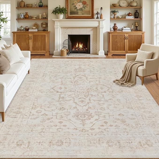 10x12 Area Rugs Living Room: Bedroom Washable Carpet Warm Beige | Vintage Boho - Image 8