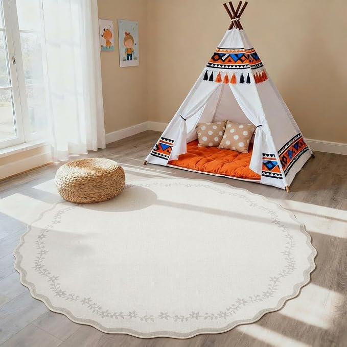 GarveeHome Round Rugs 4ft Scalloped Washable Small Circle Rug by GarveeHome