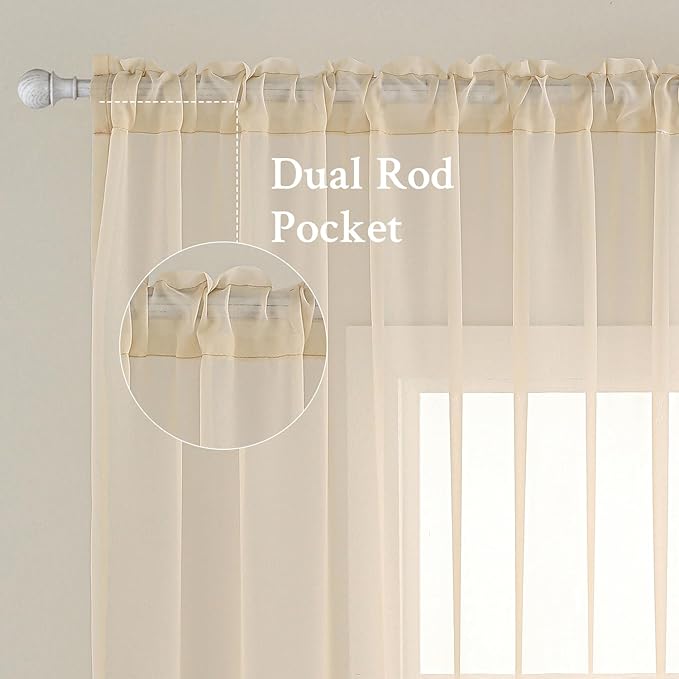 MIULEE 2 Panels Sheer Curtains for Living Room 54 X 63 Inches Cream | Sheer - Image 2