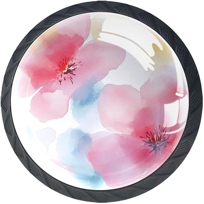 4 Pieces Drawer Knobs Pink Flowers Watercolor Seamless Pattern 35mm Black Base Dresser Knobs Closet Door Cabinet Hardware Handles Pulls for Kitchen Bedroom Cupboard
