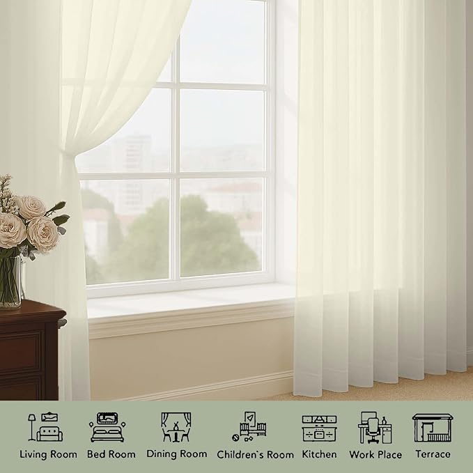 Cream Sheer Curtain 90 Inches Long 2 Panels Set, Solid Filmy Drapes - Image 3