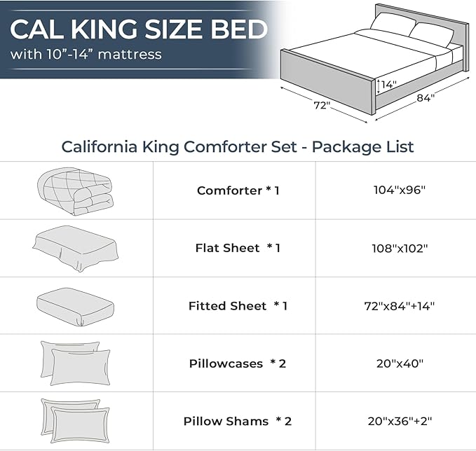 HEVUMYI Cali-King Comforter Set - 7-Piece All Season Bed in a Bag Cali-King, Ultra Soft Bedding Set with Comforter, Flat Sheet, Fitted Sheet, Pillowcases, Pillow Shams, Black & Light Grey