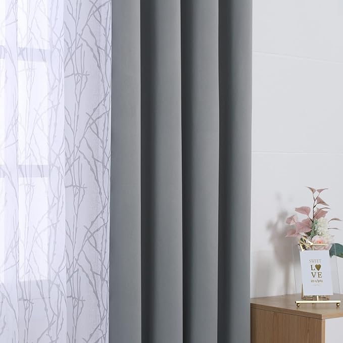 BONZER Mix and Match Curtains - 2 Pieces Branch Print Sheer Curtains and 2 Pieces Blackout Curtains for Bedroom Living Room Grommet Window Drapes, 37x95 Inch/Panel, Light Grey, Set of 4 Panels