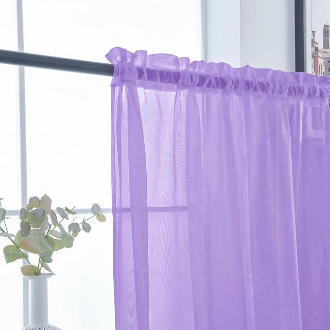 SpaceDresser Basic Rod Pocket Sheer Voile Window Curtain Panels Lavender 1 Pair - Image 4