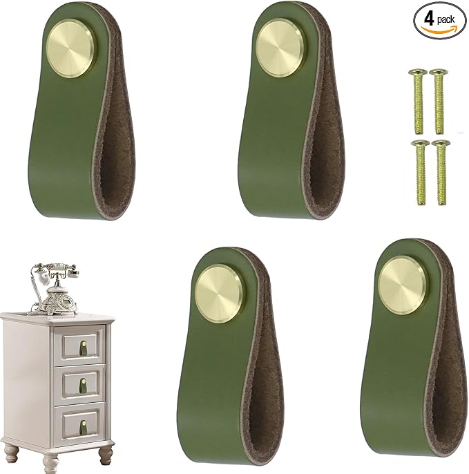 Leather Drawer Pulls and Knobs Soft Cabinet Handles Modern Cabinets Door Knob for Furniture Cupboards Wardrobe Dresser Decorative Handle with Screw 4 Pcs (Fruit Green)