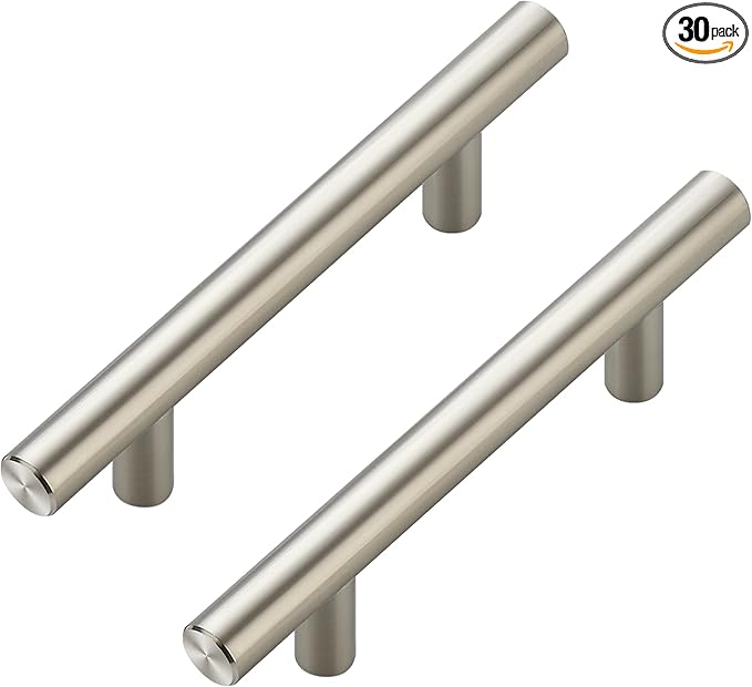 JOY DECOR 30 Pack Cabinet Handles, Brushed Nickel Cabinet Pulls, 3 in Hole Center Kitchen Cabinet Handles, Stainless Steel T Bar Handles for Dresser Drawers