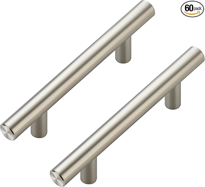 JOY DECOR 60 Pack Cabinet Handles, Brushed Nickel Cabinet Pulls, 3 in Hole Center Kitchen Cabinet Handles, Stainless Steel T Bar Handles for Dresser Drawers