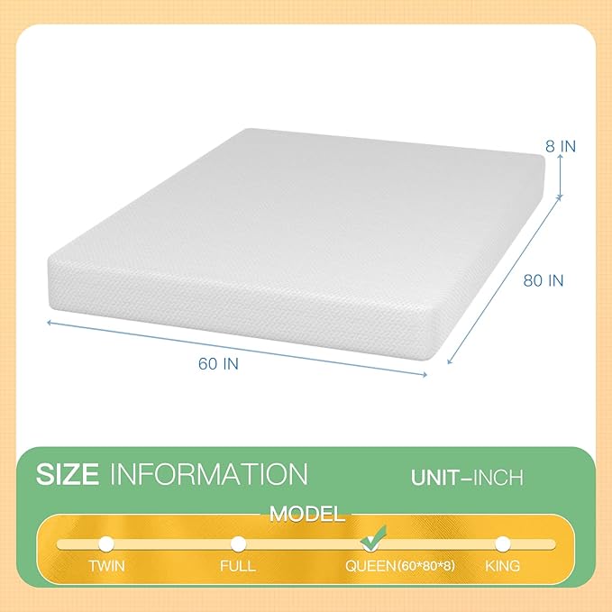 PayLessHere 8 inch Queen Memory Foam Mattress Cooling Gel Green Tea Infused Mattress,Fiberglass Free,CertiPUR-US Certified,Breathable Bed Mattress for Cooler Sleep Supportive,White Queen