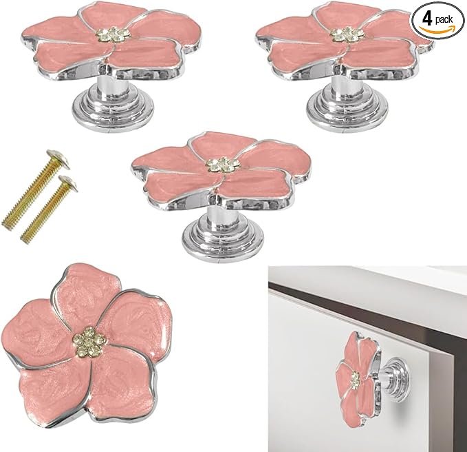 4 pcs Flower Petal Knobs,Creative Silver Flower Drawer Pulls Handles with Screws Single Hole Handle for Cabinet, Dressing ，Home Decor Handles (Pink)