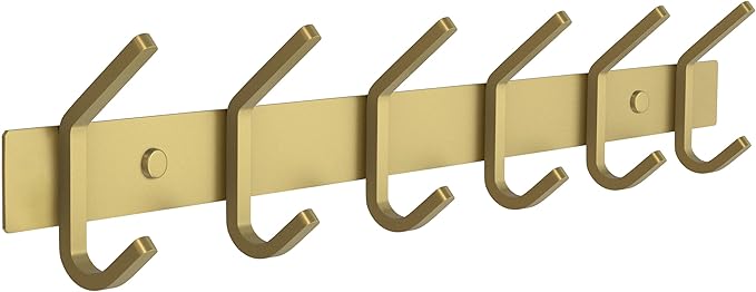 Brushed Gold Wall Mounted Coat Rack – 17 Inch Stainless Steel Rail with 6 Double Coat Hooks for Entryway, Bathroom, Bedroom, Kitchen – Modern Gold Hook Rack for Coats, Hats, Towels