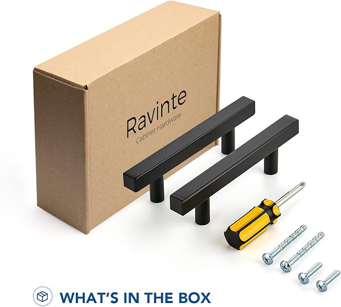 Ravinte 30 Pack Black Cabinet Handles 3 Inch Square Cabinet Pulls Matte Black Square Hardware for Kitchen Cabinets - 5 Inch Total Length