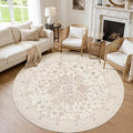 Round Area Rug Living Room: 8ft Washable Carpet Beige White | Vintage Boho by Luxturiy