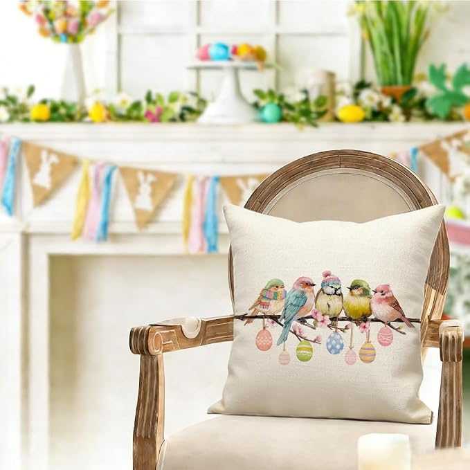 RABUSOFA Easter Pillow Covers 18x18 inch Easter Decorations Pink Birds Colorful - Image 2