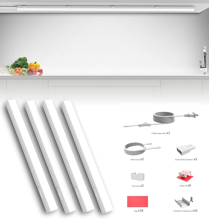 Under Cabinet Lighting Plug in, 32 Inch 4 Pcs, Linkable AC120V 3CCT 3000K/4000K/5000K Ultra Slim, LED Under Cabinet Lights for Counter Light, Kitchen, Shelf, Sink, Workshop, Desk, White